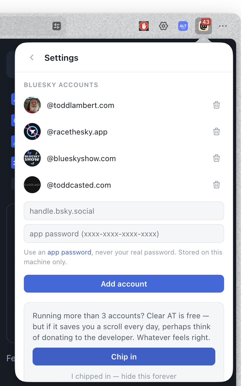 Clear AT settings: Bluesky accounts with remove buttons, fields to add an account with an app password, and a gentle note suggesting a donation for people running more than three accounts.