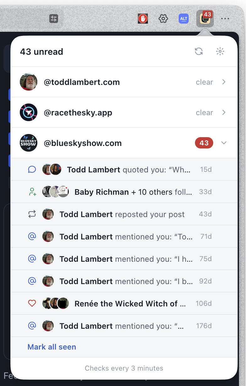 The Clear AT popup: three Bluesky accounts listed with unread badges, one expanded showing grouped notifications with avatars — quotes, follows, mentions, and likes — plus a Mark all seen button.